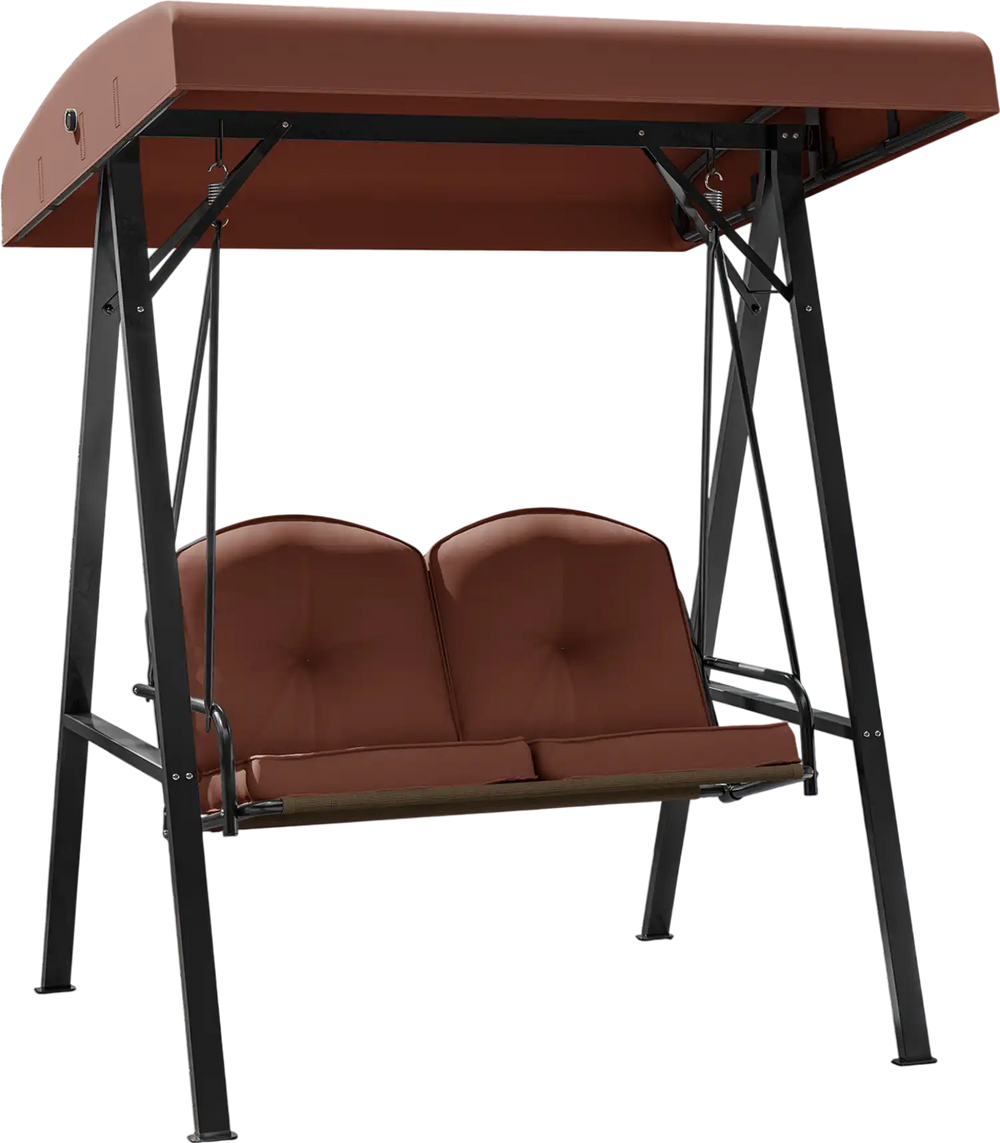 Two-person outdoor porch swing with brown cushions and adjustable canopy, perfect for backyard relaxation.