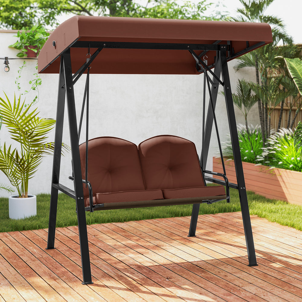 2-Person Outdoor Porch Swing with A-Shaped Metal Stand and Adjustable Canopy-Brown - Gallery View 1 of 11