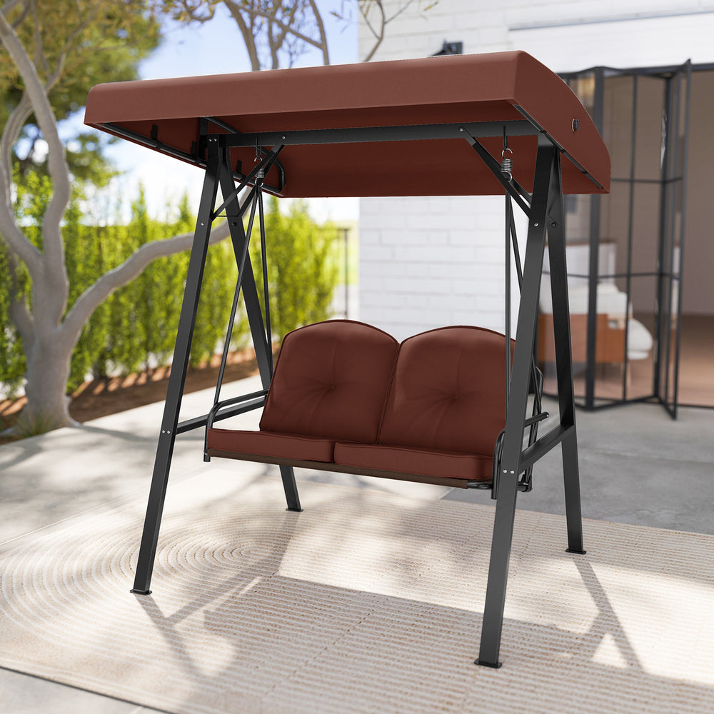 Side view of the 2-person outdoor porch swing with a brown adjustable canopy and sturdy A-shaped metal frame for.