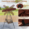 Adjustable canopy on a 2-person outdoor porch swing, featuring a solid A-shaped metal frame for enhanced stability.