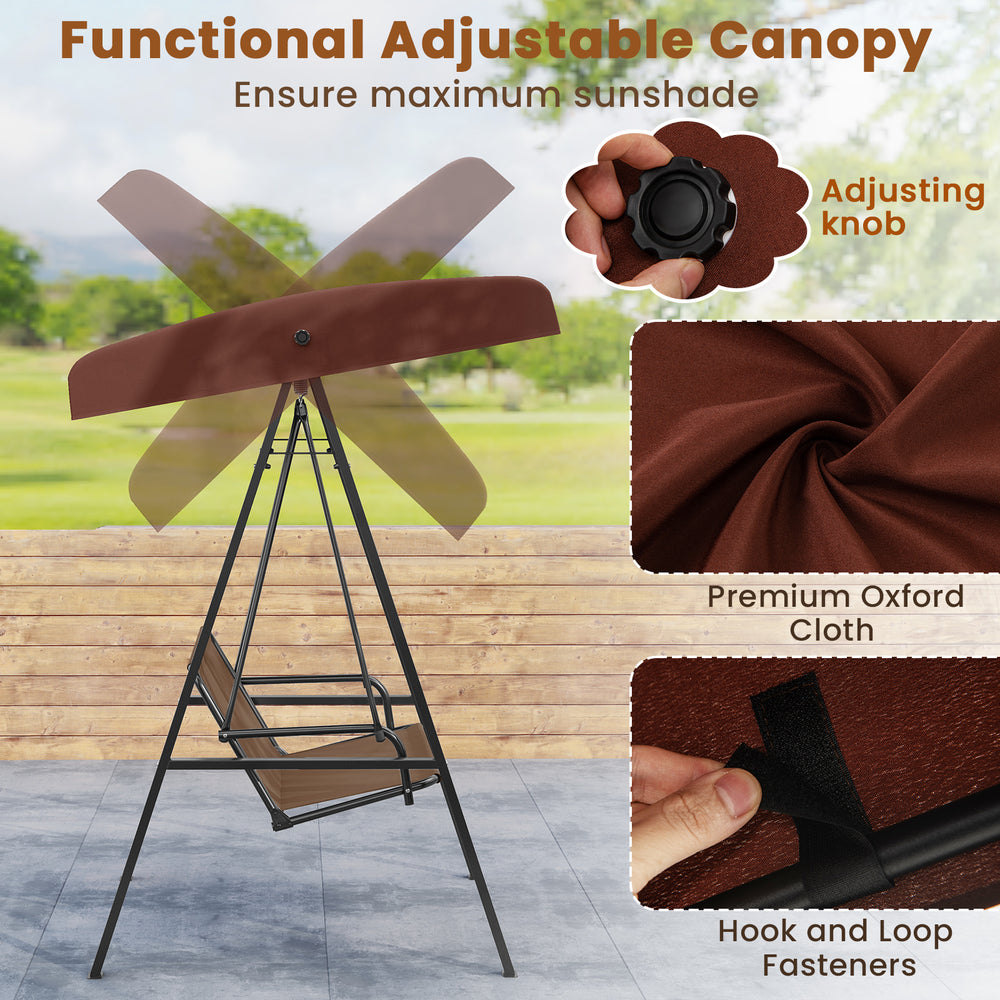 Adjustable canopy on a 2-person outdoor porch swing, featuring a solid A-shaped metal frame for enhanced stability.