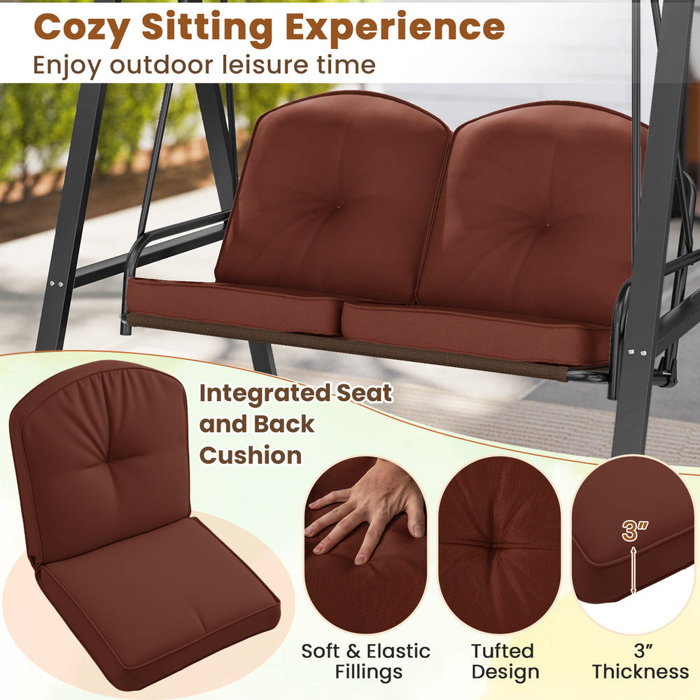 Brown tufted cushions for a 2-person outdoor porch swing with adjustable canopy, ideal for backyard relaxation.