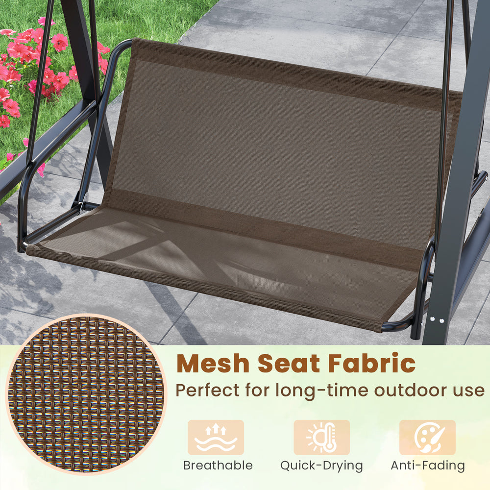 Brown mesh seat fabric of the 2-person outdoor porch swing, designed for comfort and long-term outdoor use.