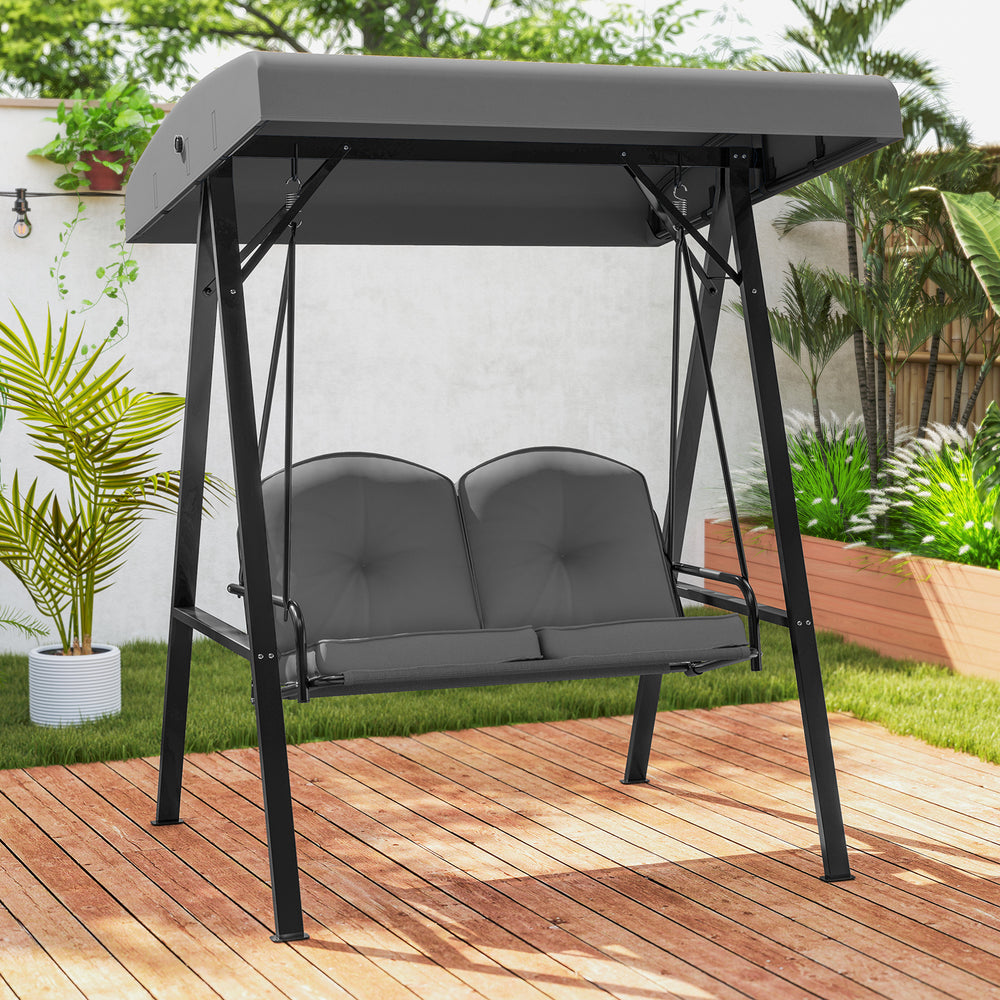 2-Person Outdoor Porch Swing with A-Shaped Metal Stand and Adjustable Canopy-Gray - Gallery View 1 of 11