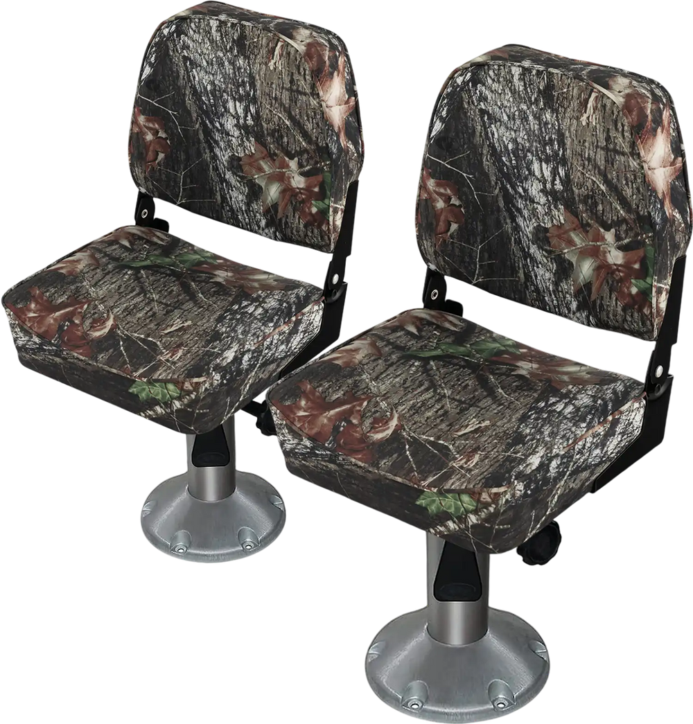 Folding boat seat set with camouflage design, featuring waterproof fabric and 5" thick sponge padding for comfort.