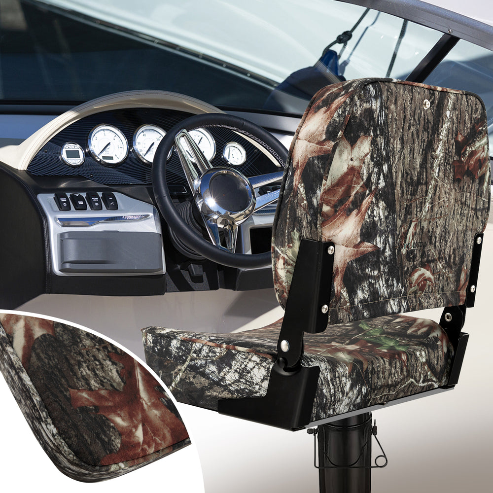 Folding boat seat with camouflage fabric, 5" thick sponge padding, and ergonomic backrest for comfort and durability.