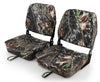 Folding boat seat set featuring camouflage fabric, waterproof PVC, and 5" thick sponge padding for comfort and.