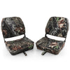 Folding boat seat set featuring camouflage design, waterproof fabric, and 5" thick sponge padding for comfort.