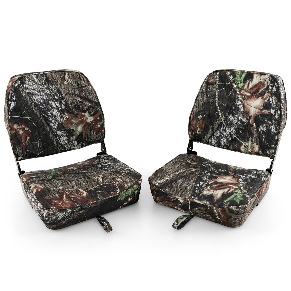 Folding boat seat set featuring camouflage design, waterproof fabric, and 5" thick sponge padding for comfort.