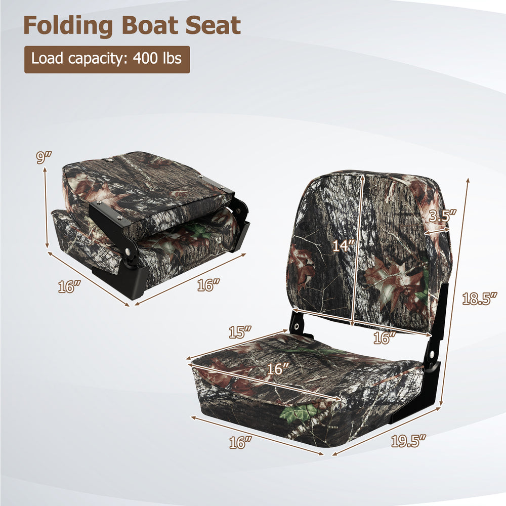 Folding boat seat set with camouflage design, featuring 5" thick sponge padding and waterproof fabric for comfort and.