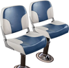 Low back boat seat set in blue with sponge padding and aluminum hinges, ideal for comfortable marine seating.