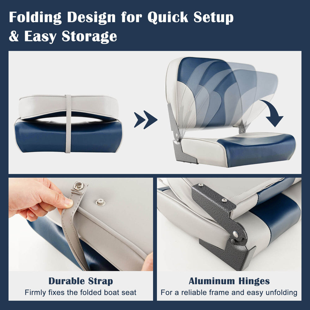 Low back boat seat set in blue with sponge padding and aluminum hinges, designed for quick setup and easy storage.