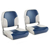 Low back boat seat set in blue with sponge padding, aluminum hinges, and ergonomic design for comfort and easy storage.