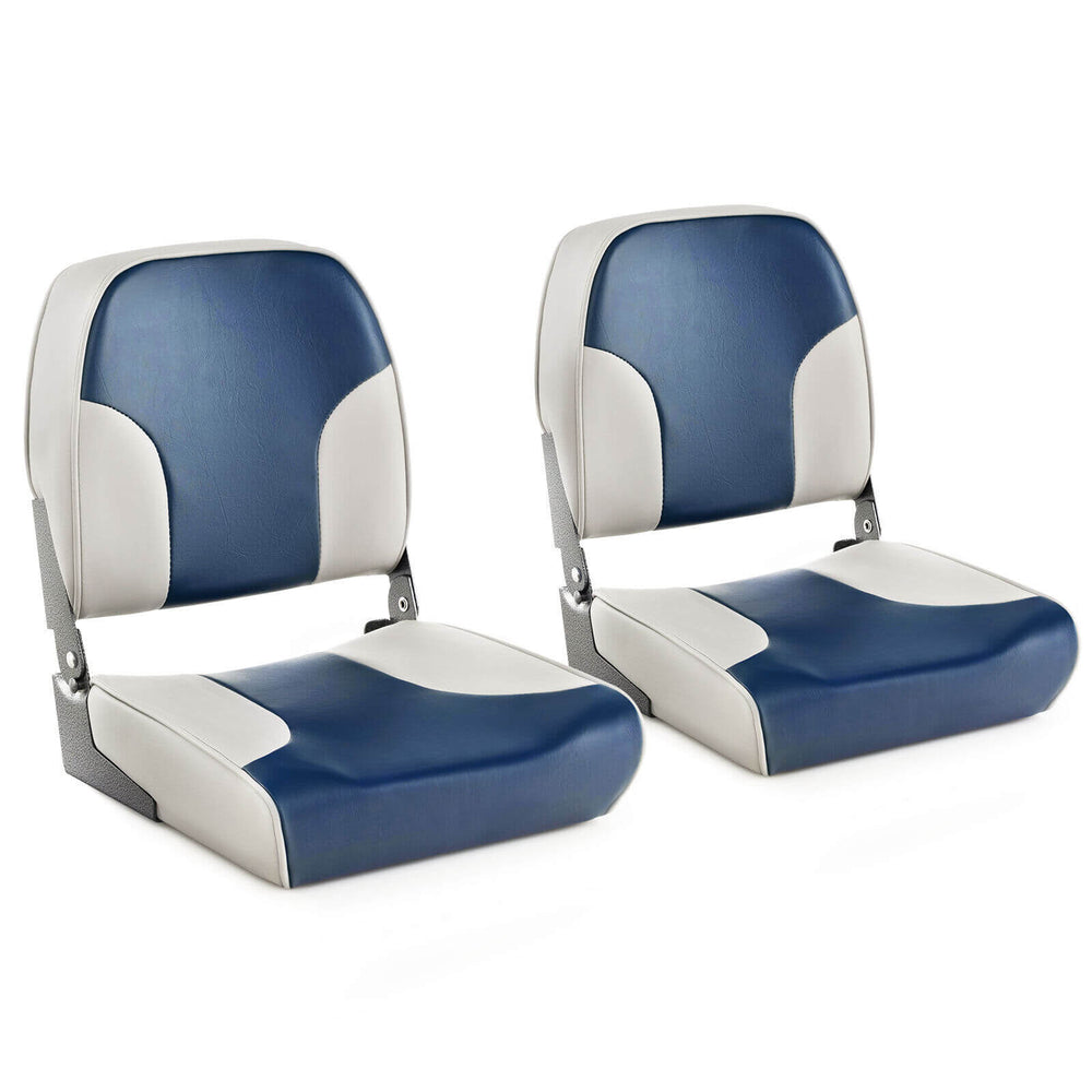 Low back boat seat set in blue with sponge padding, aluminum hinges, and ergonomic design for comfort and easy storage.