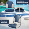 Low back boat seat set in blue, featuring waterproof PVC leather and aluminum hinges, mounted on a supporting base.