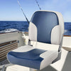 Low back boat seat in blue with sponge padding and aluminum hinges, designed for comfort and easy storage on boats.