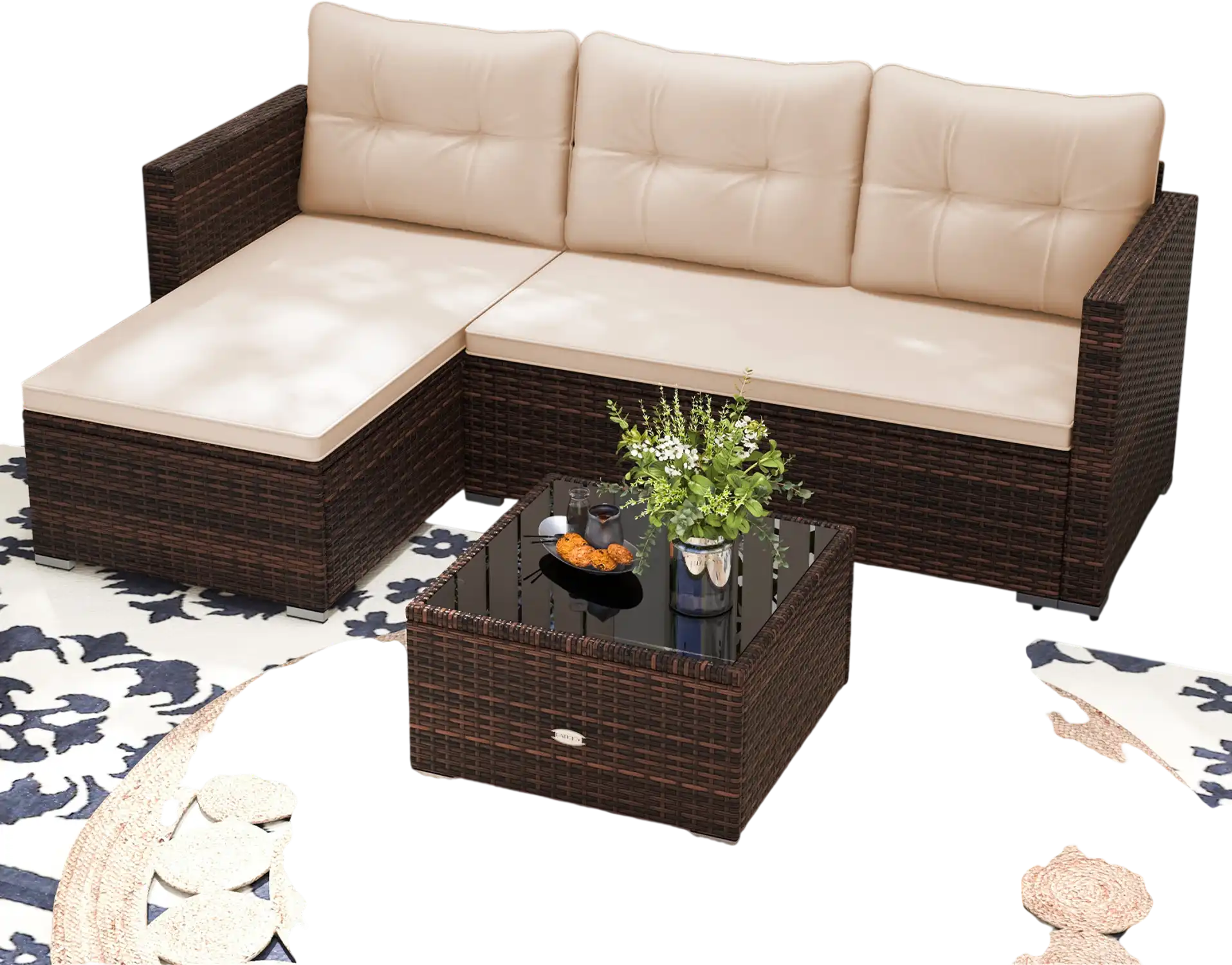 Costway 4-Seat Outdoor Wicker Sectional Sofa Set w/ Glass Coffee Table Beige 28457916 New