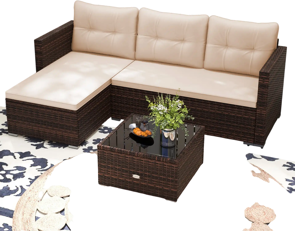 L-shaped outdoor wicker furniture set with beige cushions and tempered glass coffee table, perfect for backyard.