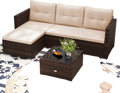 Costway 4-Seat Outdoor Wicker Sectional Sofa Set w/ Glass Coffee Table Beige 28457916 New