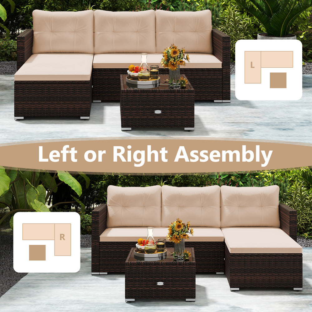 Outdoor wicker furniture set featuring beige soft cushions and a tempered glass coffee table, suitable for backyard or.