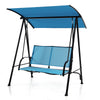 Two-seat outdoor canopy swing in navy with adjustable canopy and heavy-duty metal frame for backyard relaxation.