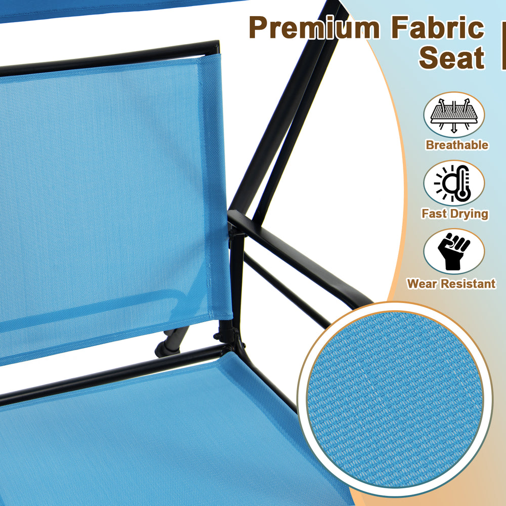 Close-up of the breathable blue fabric seat of a 2-seat outdoor canopy swing with heavy-duty metal frame.