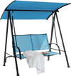 2-seat outdoor canopy swing in navy with adjustable canopy and heavy-duty metal frame, perfect for poolside relaxation.