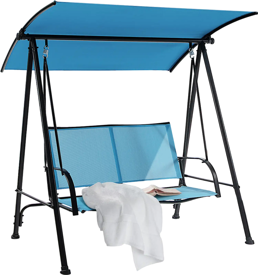 2-seat outdoor canopy swing in navy with adjustable canopy and heavy-duty metal frame, perfect for poolside relaxation.