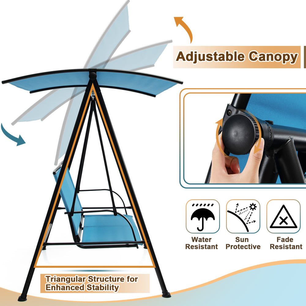 2-seat outdoor canopy swing with adjustable navy fabric seat and heavy-duty metal frame, perfect for backyard.