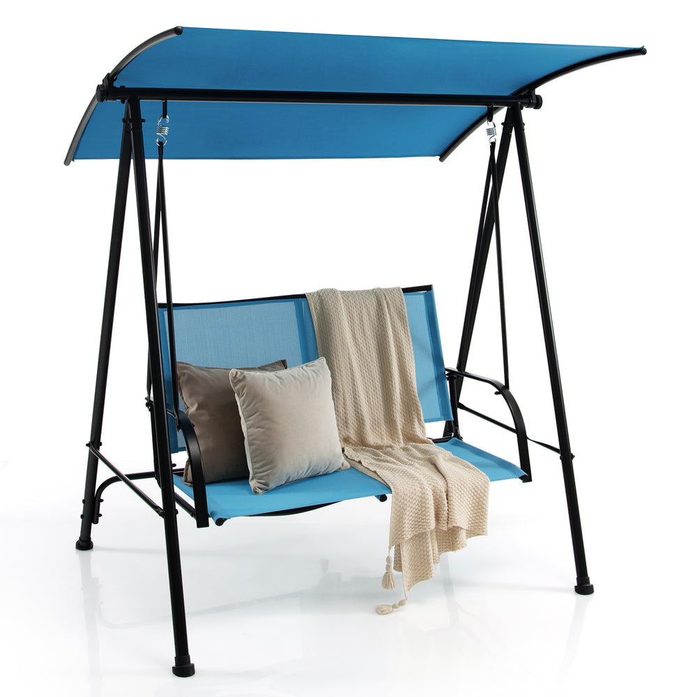 Two-seat outdoor canopy swing with navy fabric seat, heavy-duty metal frame, and adjustable canopy for backyard.
