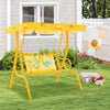 Yellow 2-seater kids patio swing with adjustable canopy and safety belts, perfect for outdoor fun and stability.
