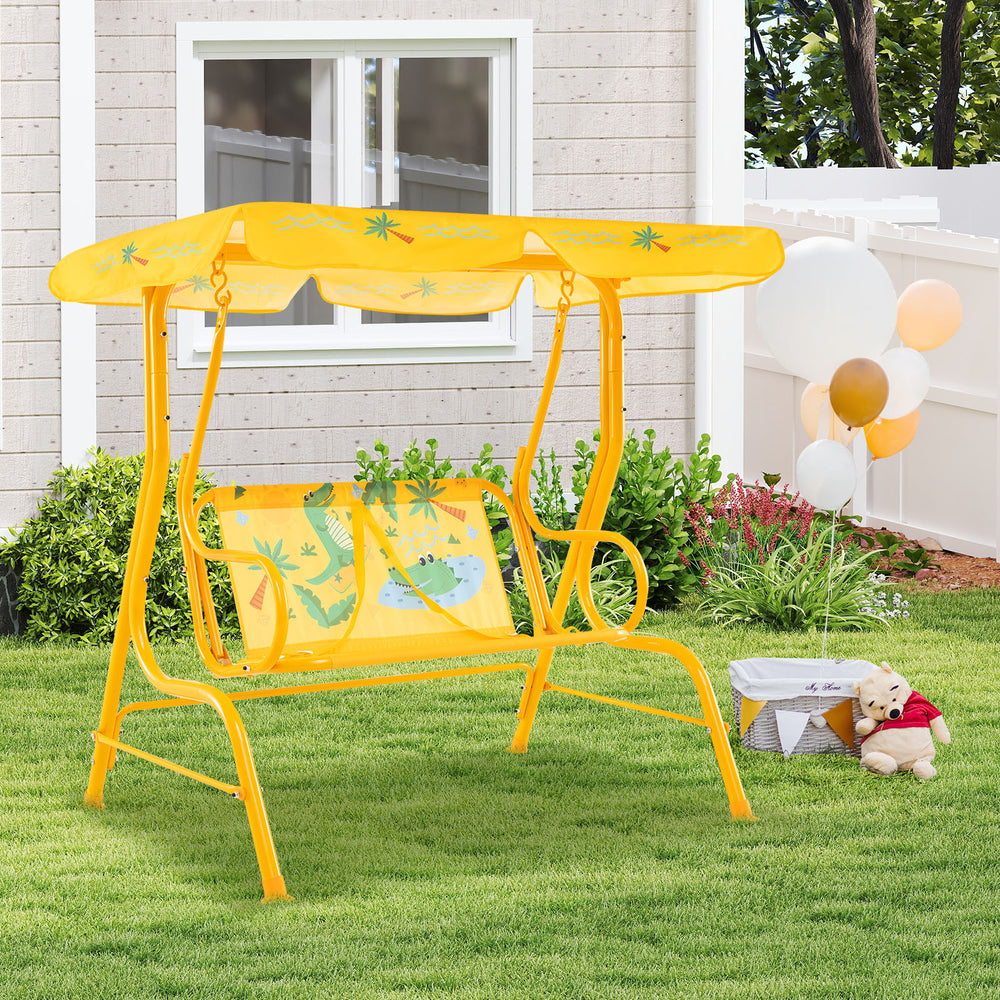 Yellow 2-seater kids patio swing with adjustable canopy and safety belts, perfect for outdoor fun and stability.