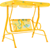 Yellow 2-seater kids patio swing with adjustable canopy, designed for safety and fun, featuring cartoon patterns.
