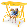 Yellow 2-seater kids patio swing with adjustable canopy, featuring safety belts and ergonomic armrests for outdoor fun.