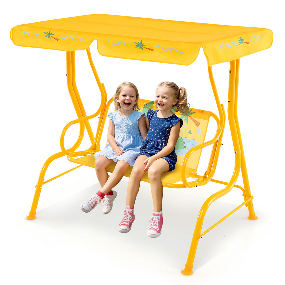 Yellow 2-seater kids patio swing with adjustable canopy, featuring safety belts and ergonomic armrests for outdoor fun.