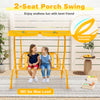 2-seater kids patio swing in yellow with adjustable canopy, ergonomic armrests, and safety belts for outdoor fun.