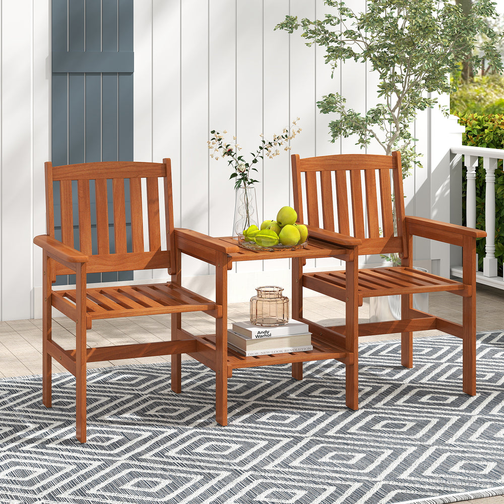Two-seater outdoor patio furniture set in natural wood with slatted design and umbrella hole, perfect for garden.