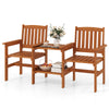 Two-seater outdoor patio furniture set in natural wood with ergonomic design and 1.57-inch umbrella hole for garden use.