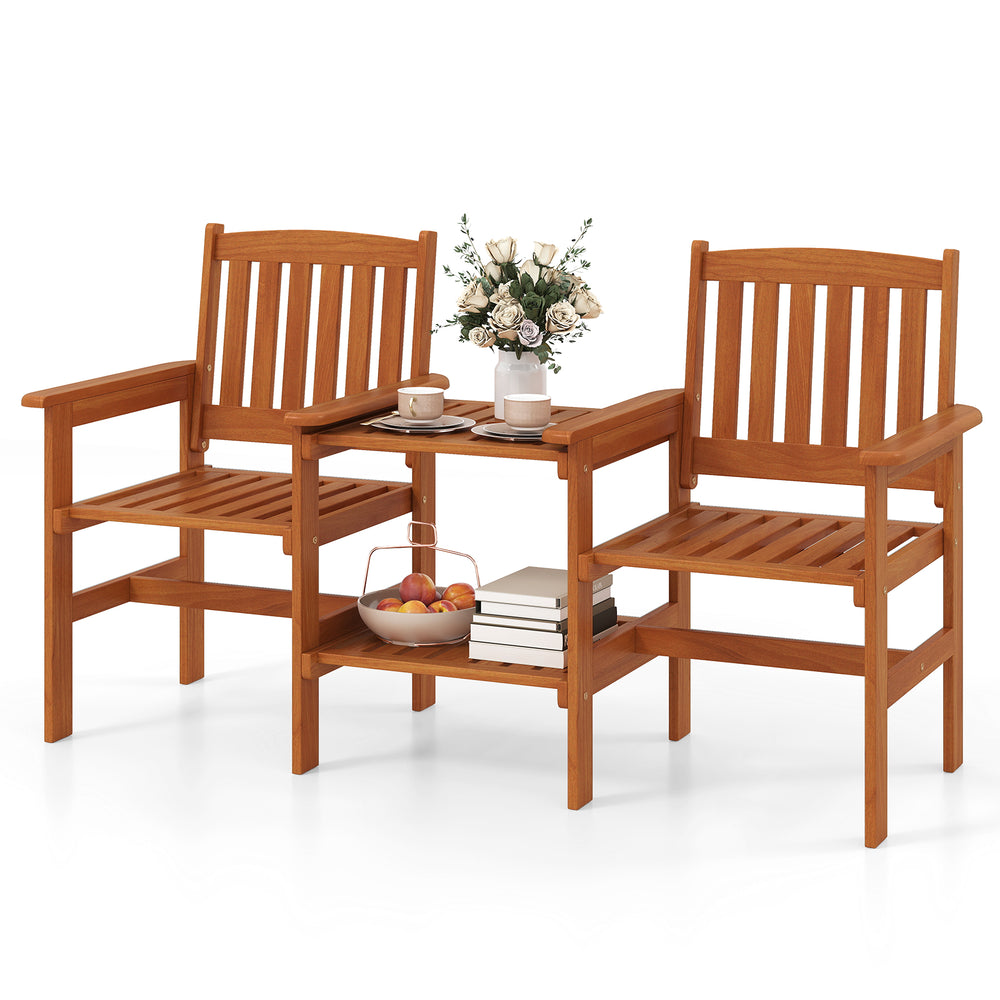 Two-seater outdoor patio furniture set in natural wood with ergonomic design and 1.57-inch umbrella hole for garden use.