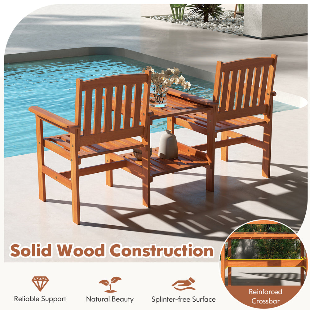 Two-seater outdoor patio furniture set in solid wood with a slatted design, featuring a 1.57-inch umbrella hole for.
