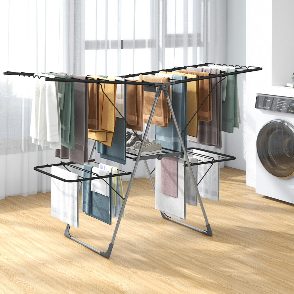 2-tier clothes drying rack with adjustable gullwings, 33 drying rails, perfect for diverse laundry needs and.