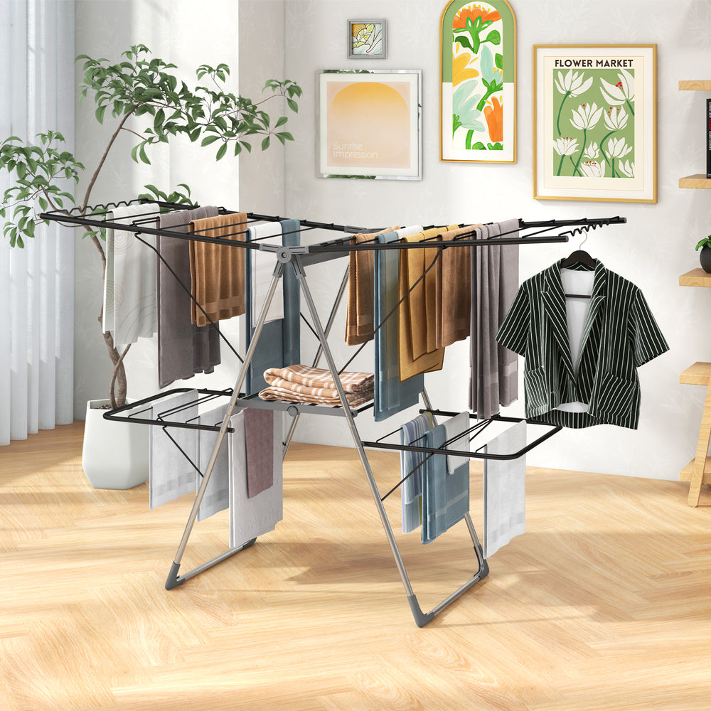2-Tier clothes drying rack with 33 drying rails, height adjustable gullwings, perfect for diverse laundry needs.