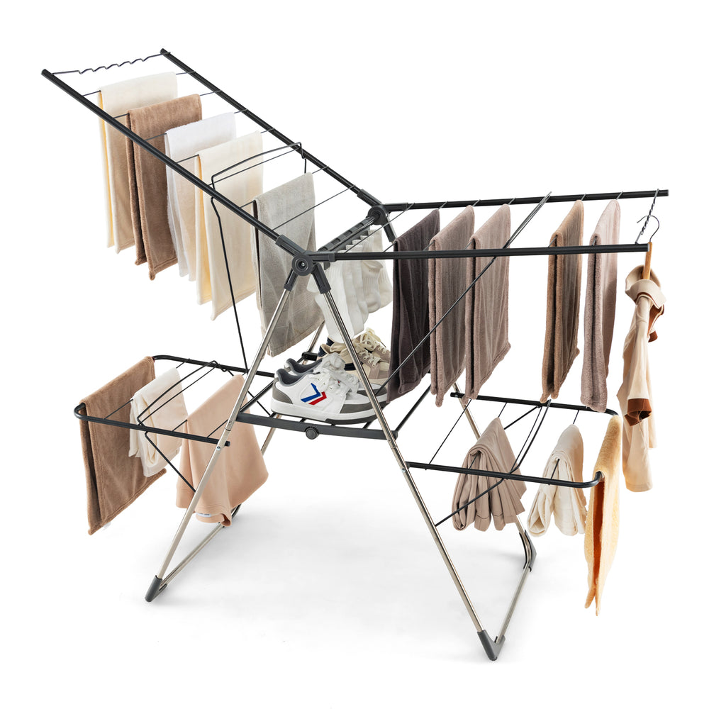 2-Tier clothes drying rack with adjustable gullwings, featuring 33 drying rails for versatile laundry needs.