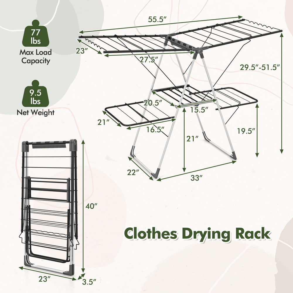 2-Tier clothes drying rack with adjustable gullwings, 33 drying rails, and sturdy powder-coated metal frame for.