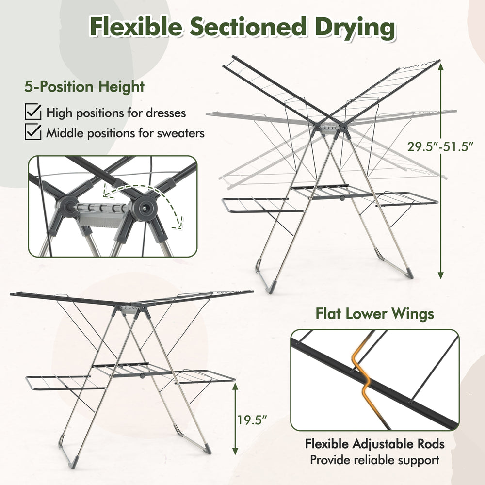 2-Tier clothes drying rack with adjustable height, 33 drying rails, and flat lower wings for versatile laundry drying.
