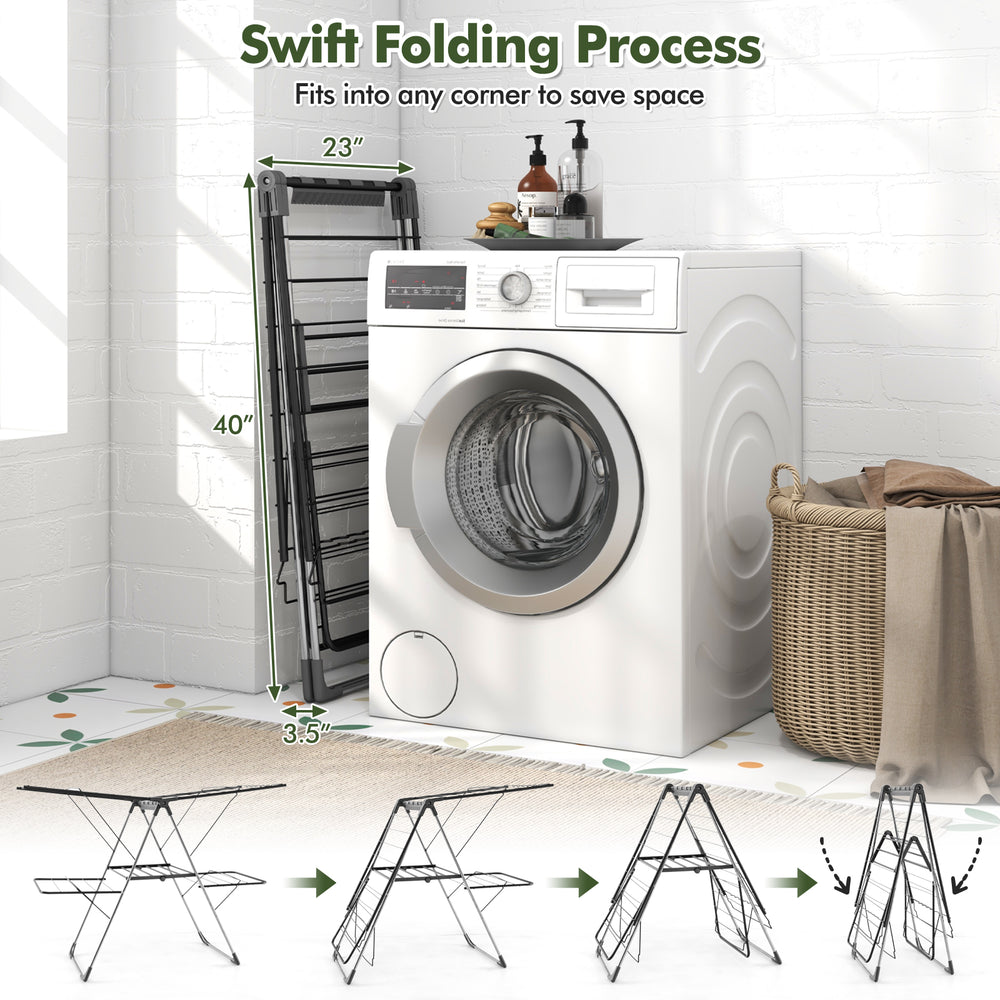 2-tier clothes drying rack with 33 drying rails, height adjustable, folds easily for space-saving laundry needs.