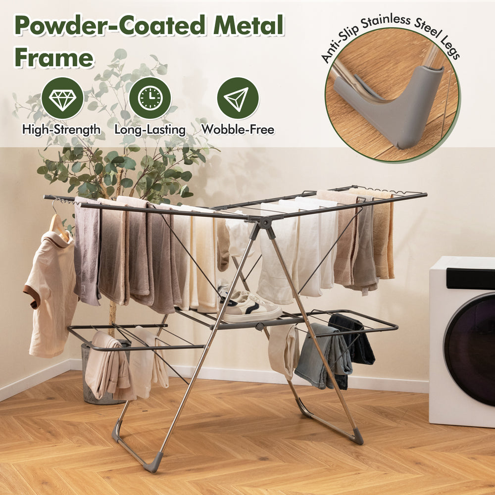2-tier clothes drying rack with 33 drying rails, adjustable height, and powder-coated metal frame for versatile laundry.