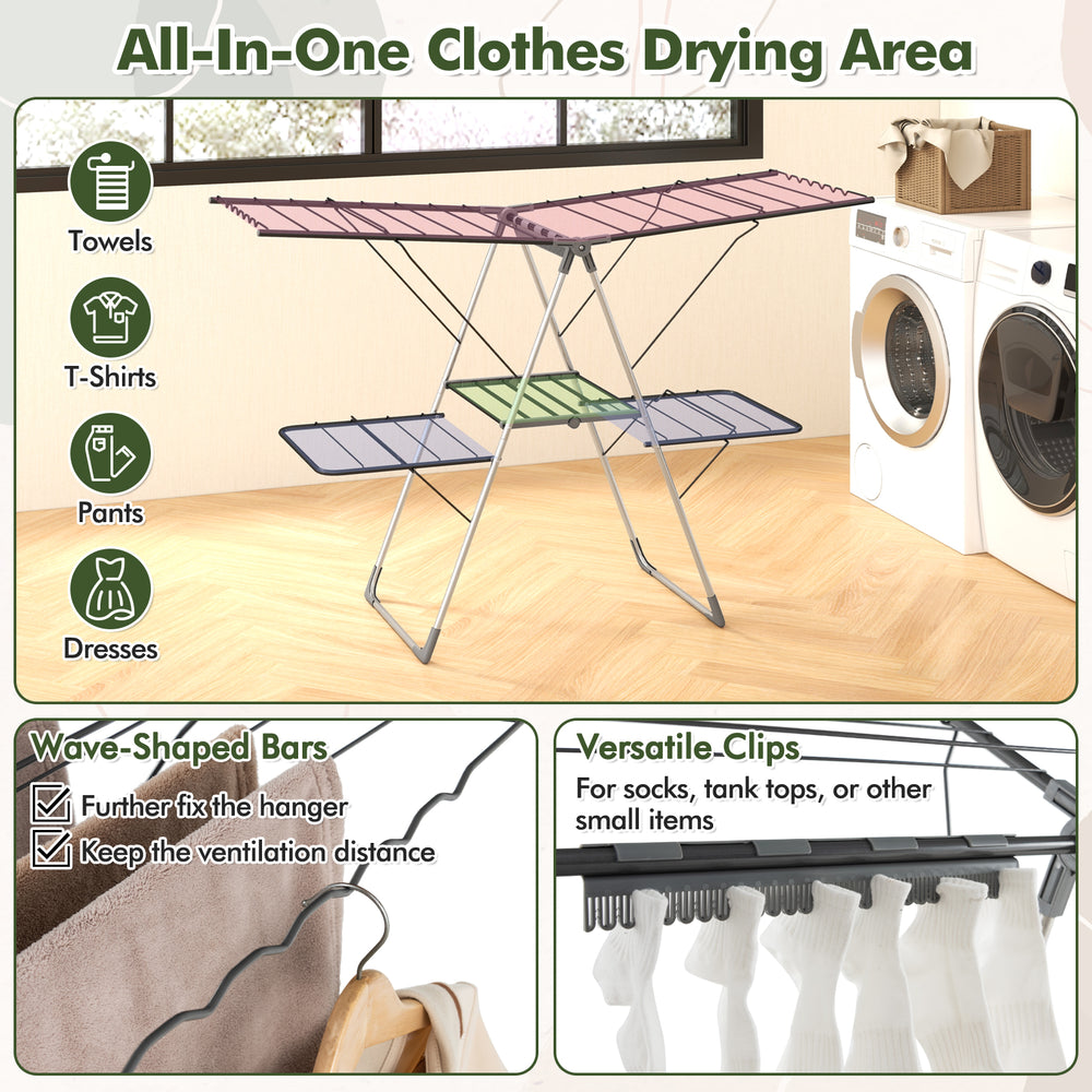 2-tier clothes drying rack with adjustable gullwings, 33 drying rails, and versatile clips for efficient laundry drying.