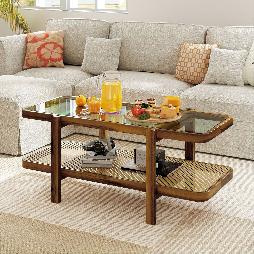 2-Tier Coffee Table with Storage and Tempered Glass Tabletop-Brown - Gallery View 1 of 10