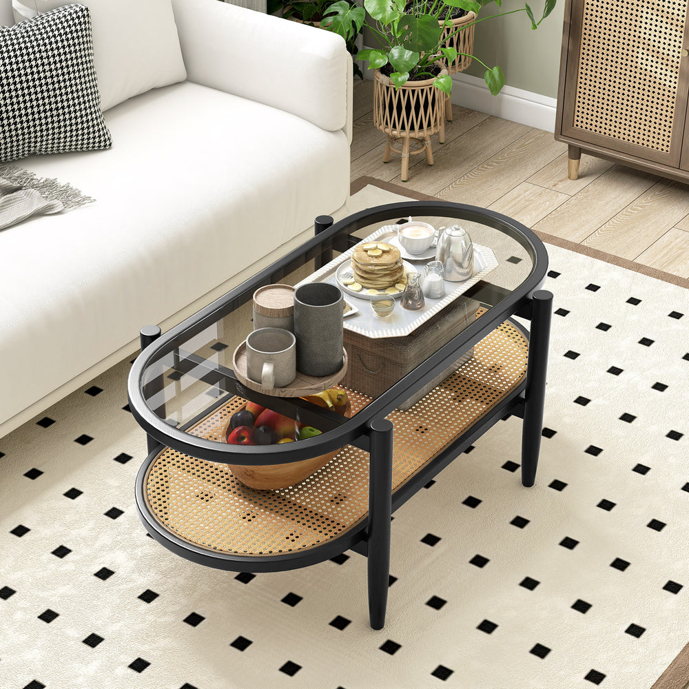 2-Tier Coffee Table with Tempered Glass Tabletop and Acacia Wood Frame-Black - Gallery View 1 of 10